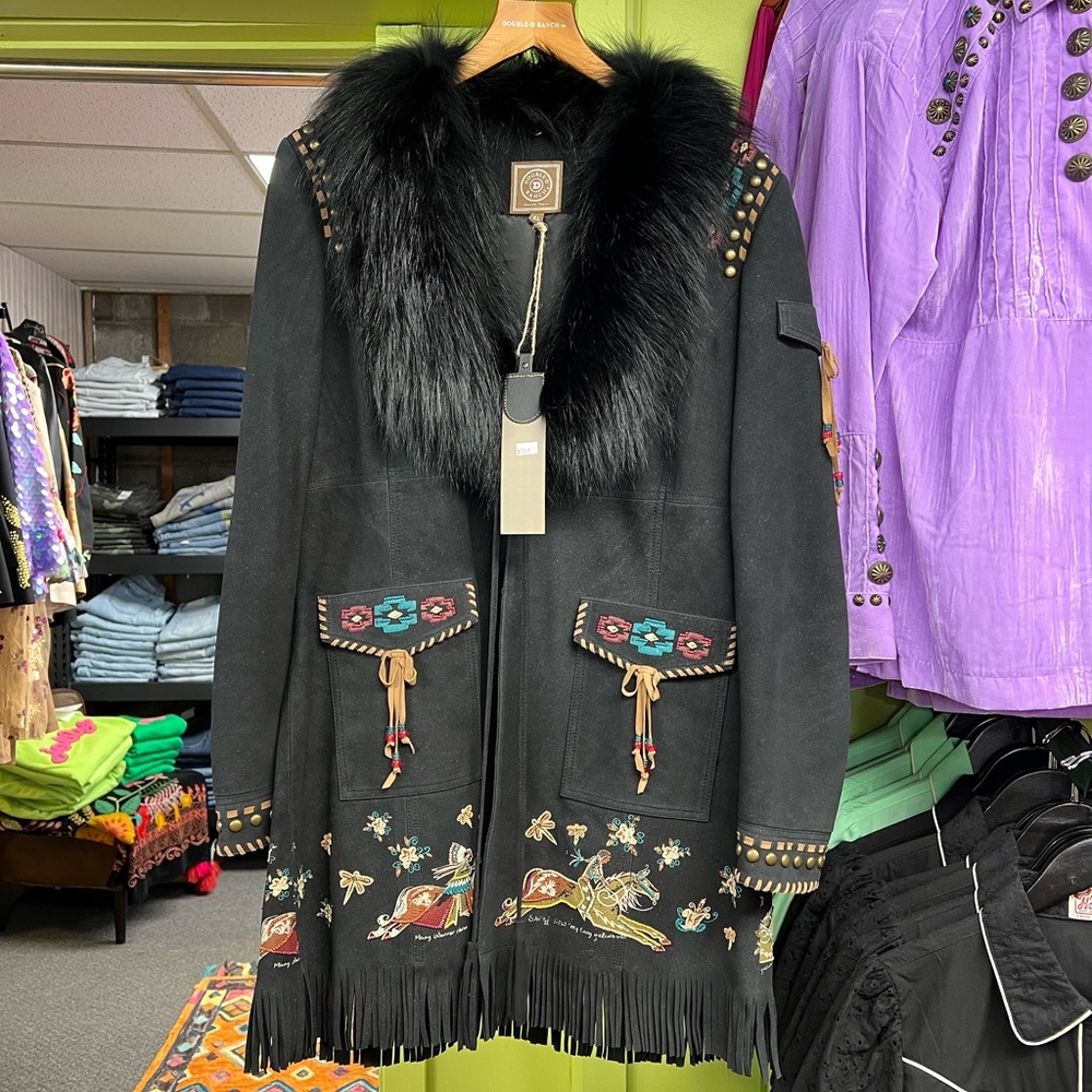 Double D Ranch Black Suede Cape with Embroidery and Faux Fur